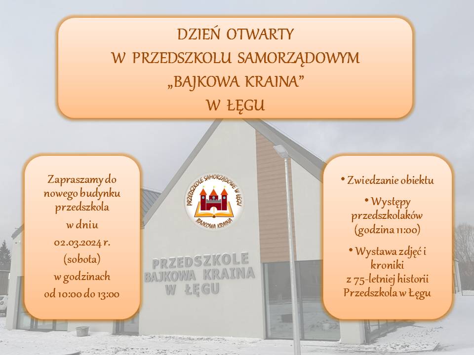 Dzień otwarty w nowym przedszkolu w Łęgu - zaproszenie